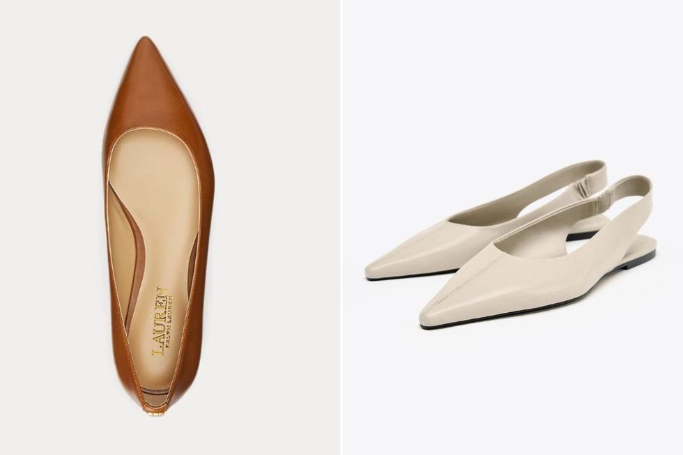 Londyn Burnished Leather Ballet Flat in Deep Saddle Tan | Ralph Lauren / Leather Slingback Ballerina in Ecru White | Zara