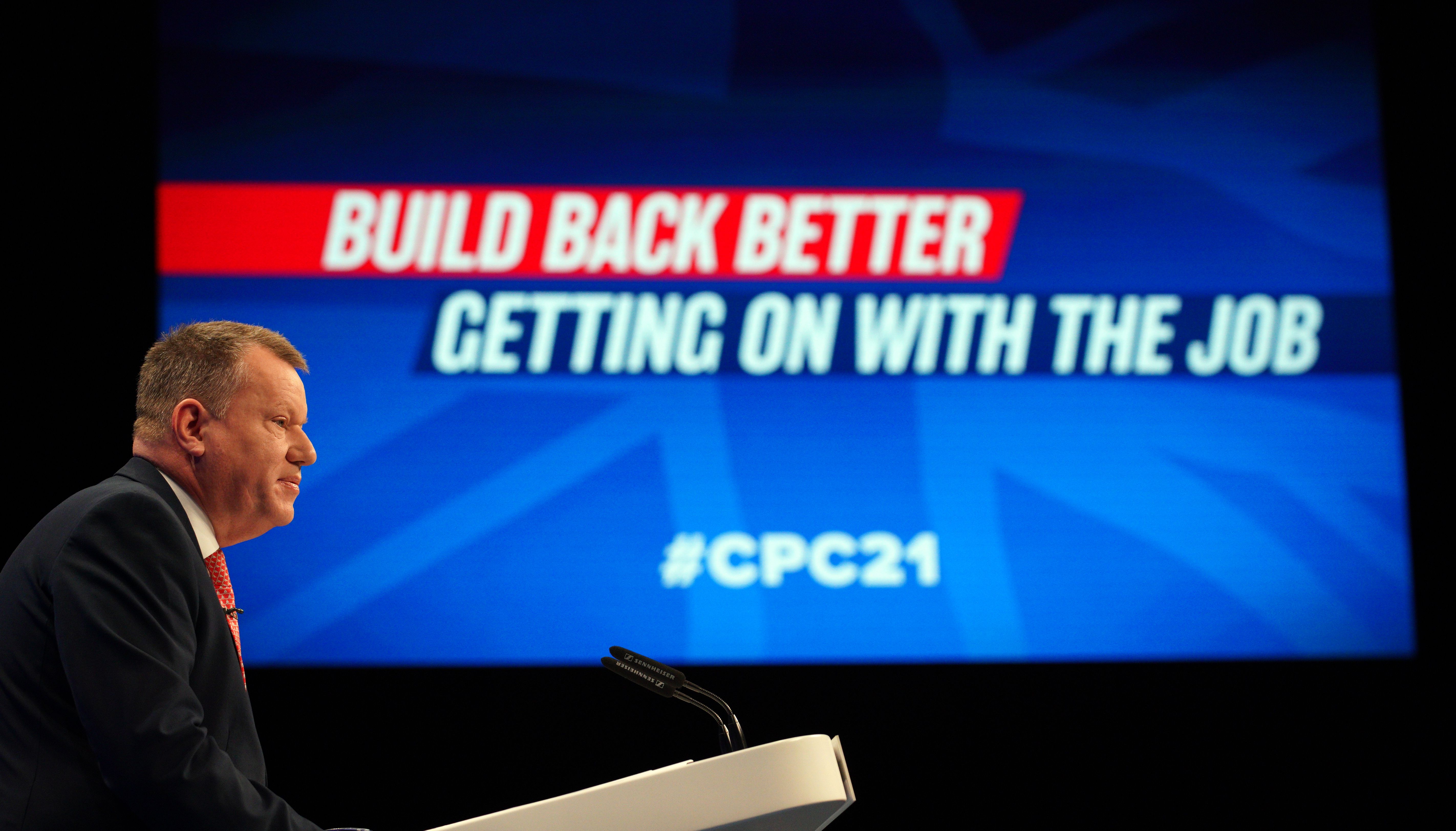 Lord David Frost, Minister of State at the Cabinet Office, speaks during the Conservative Party Conference.