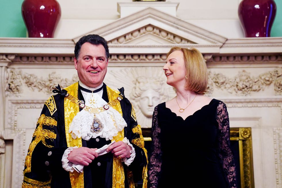 Lord Mayor of the City of London, Vincent Keaveny and Foreign Secretary Liz Truss at the Easter Banquet at Mansion House in the City of London. Picture date: Wednesday April 27, 2022.