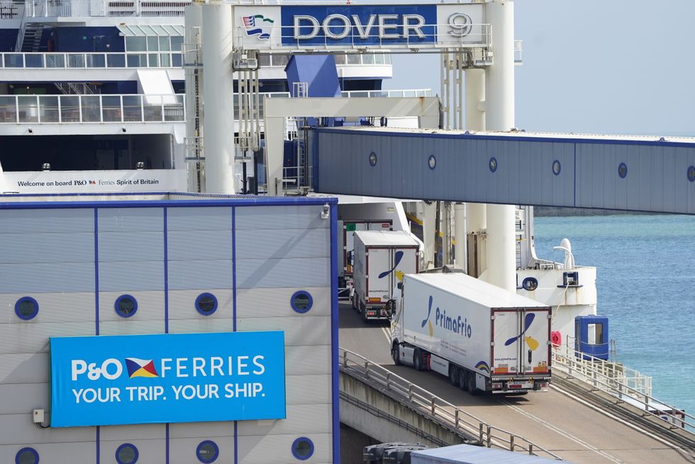 Lorries being loaded onto the Spirit of Britain at the Port of Dover in Kent, as P&O Ferries restart cross-Channel sailings for tourists for the first time since sacking nearly 800 seafarers. Picture date: Tuesday May 3, 2022.