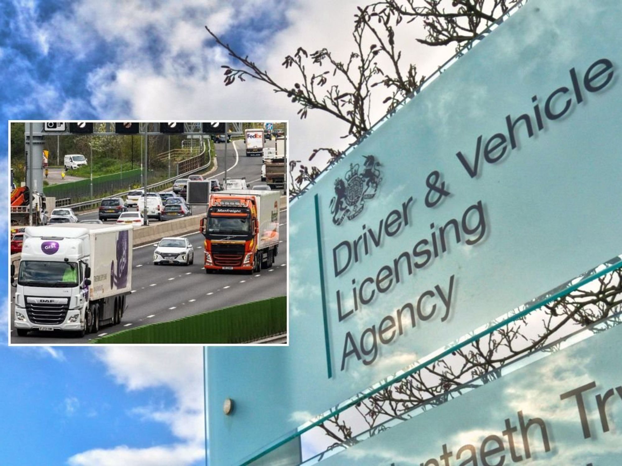 Lorries driving on a road and a DVLA sign