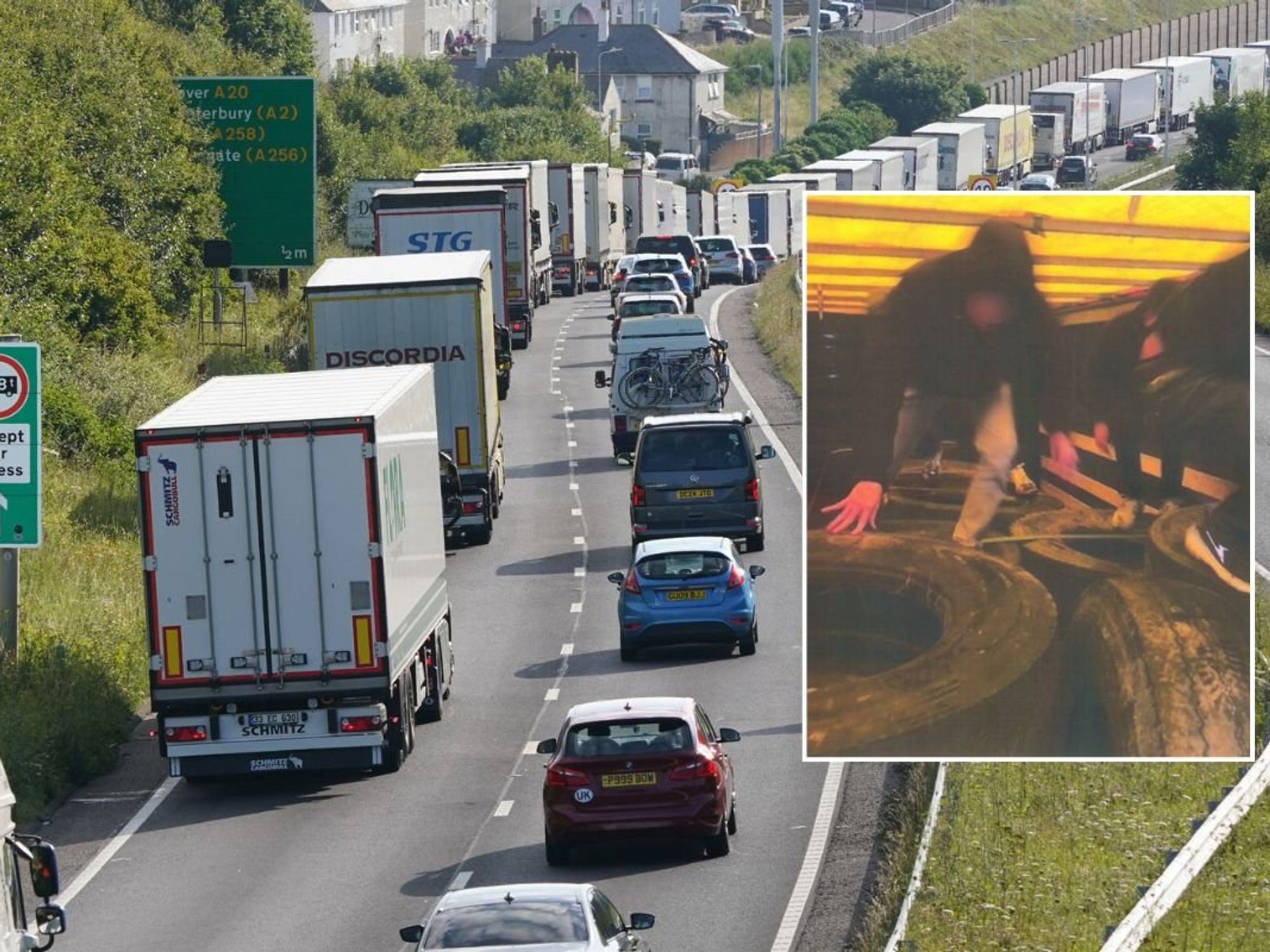 Lorries heading towards Dover and migrants hiding in a lorry