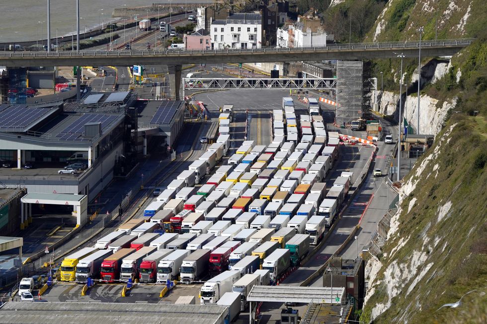 Lorries queue at the Port of Dover, in Kent, where P&O ferry services remain suspended after the company sacked 800 workers without notice. Picture date: Thursday April 7, 2022.