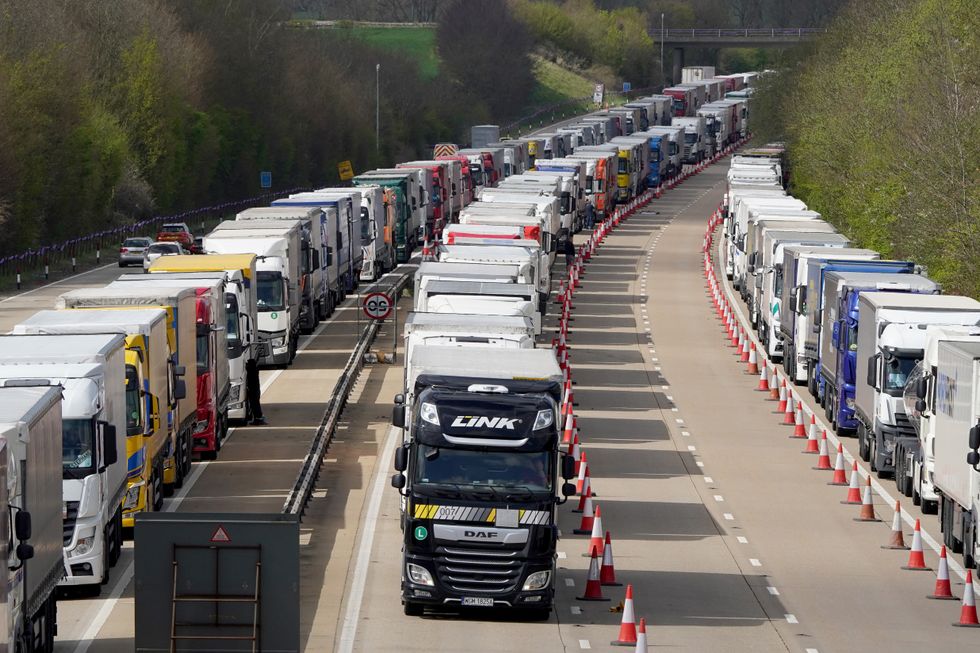 Lorries queued in Operation Brock on the M20 near Ashford in Kent as freight delays continue at the Port of Dover, in Kent, where P&O ferry services remain suspended after the company sacked 800 workers without notice. Picture date: Thursday April 7, 2022.