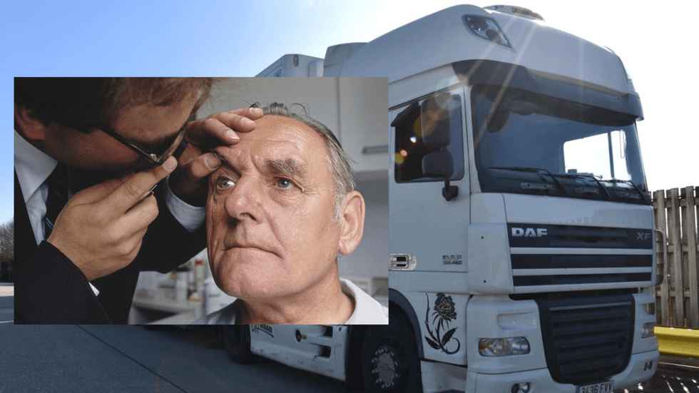 Lorry and man getting his eyes tested
