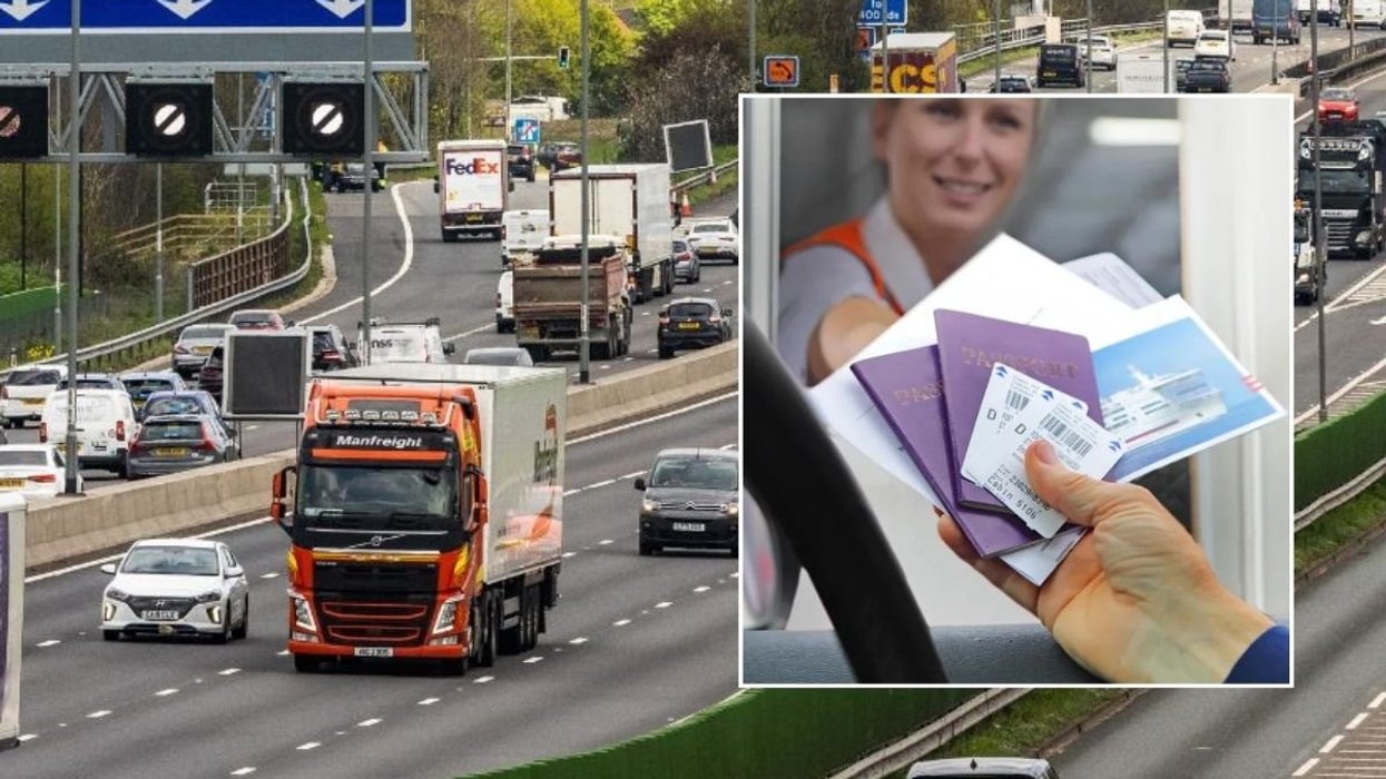 Lorry driving on the road and a driver handing documents to a border force worker