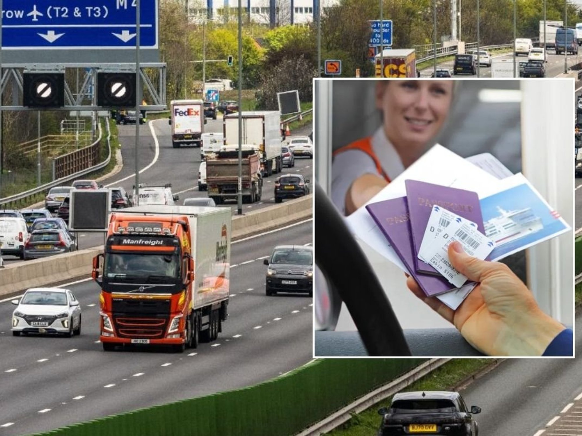 Lorry driving on the road and a driver handing documents to a border force worker