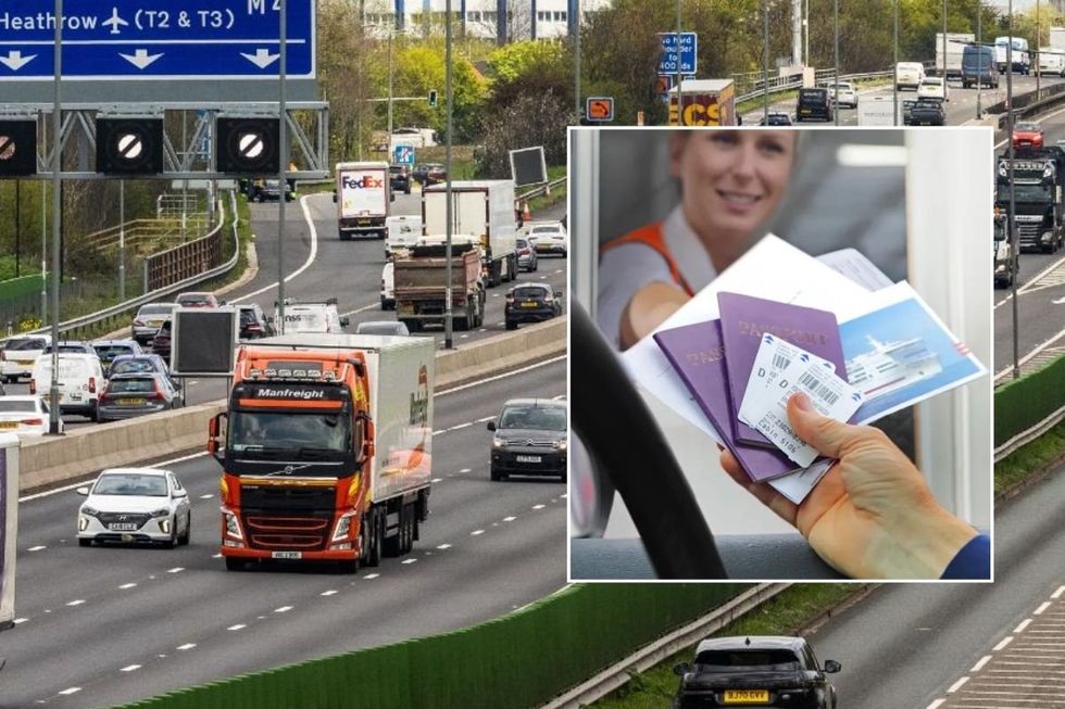 Lorry driving on the road and a driver handing documents to a border force worker