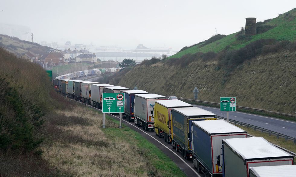 Lorry queues on the A20 for the Port of Dover in Kent