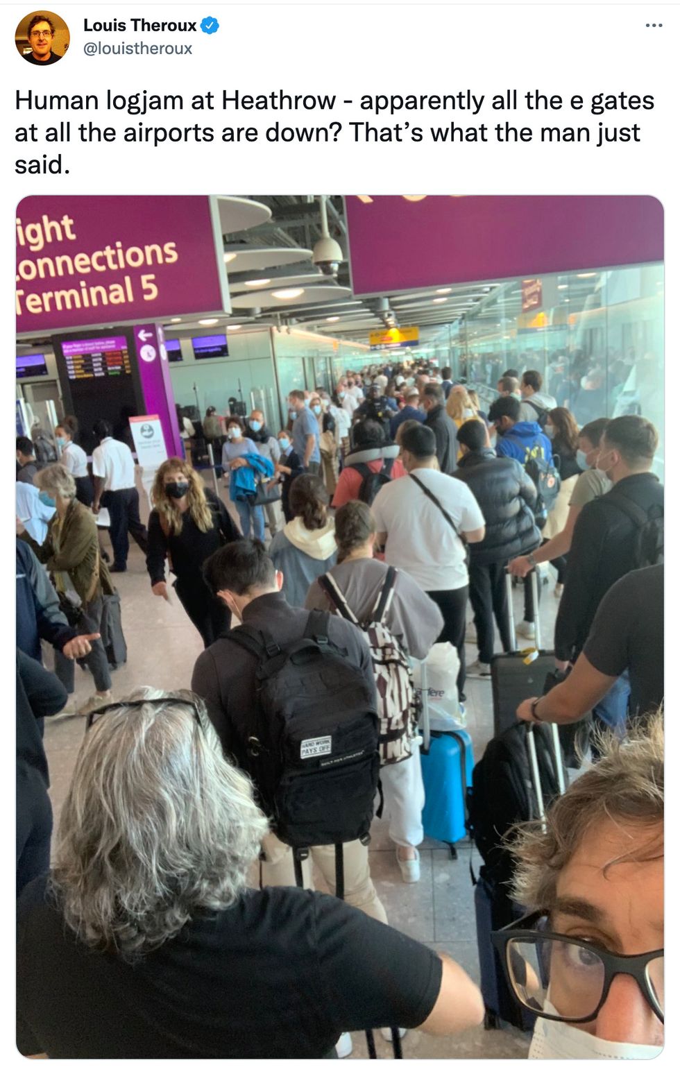 Louis Theroux is in the 'human logjam' at Heathrow