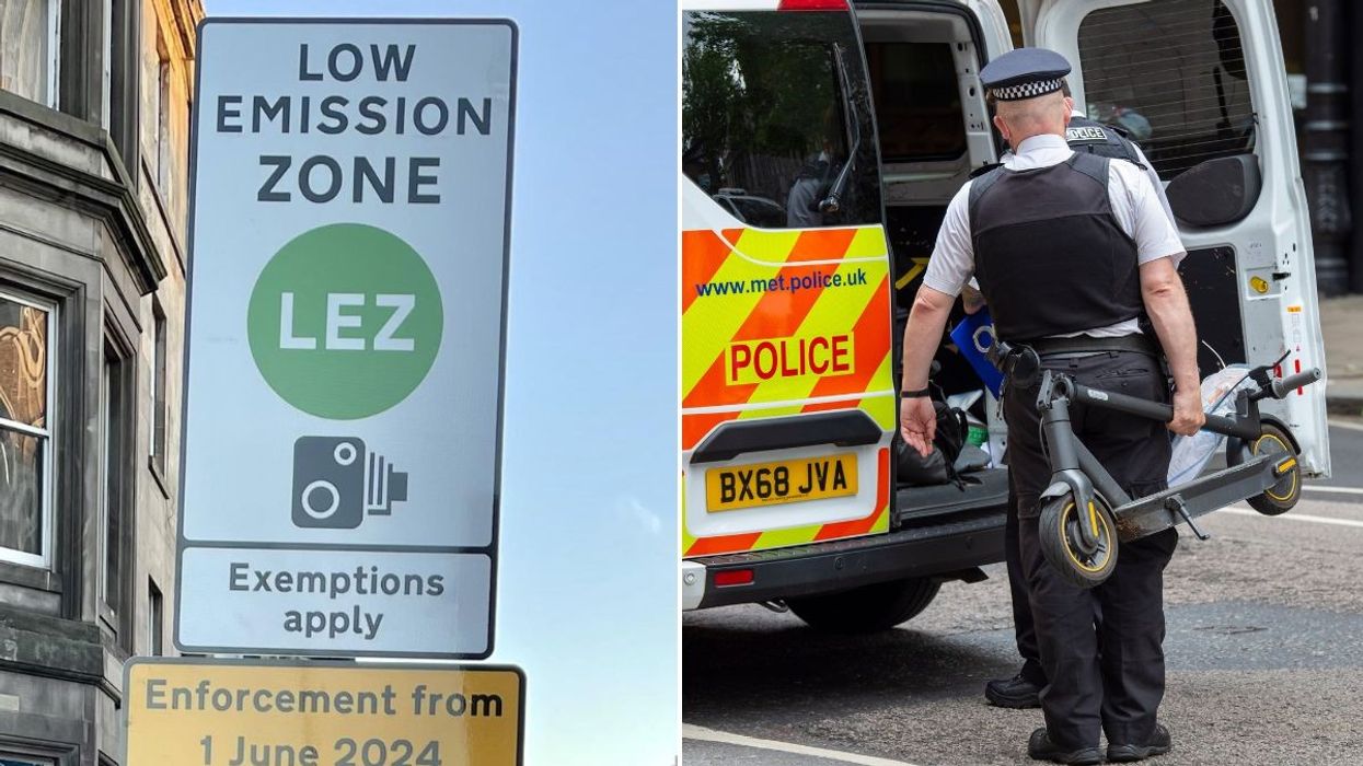 Low Emission Zone sign and a police officer taking away an electric scooter