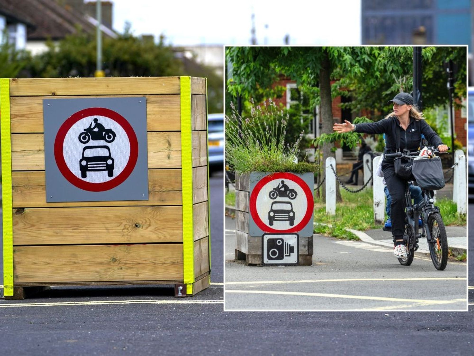 Low Traffic Neighbourhood sign and a cyclist