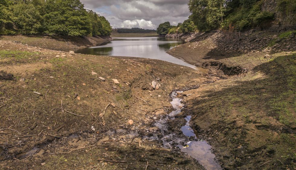 Low water levels at Holme Styes reservoir in Holmfirth West Yorkshire