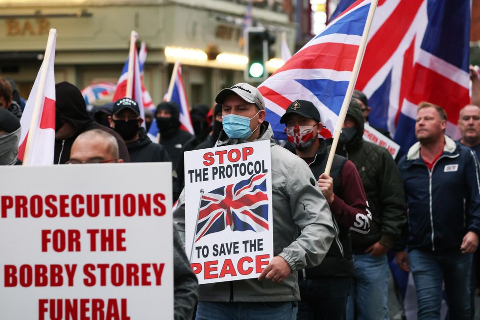 Loyalists during a rally against the Northern Ireland Protocol in Newtownards Road, Belfast. Picture date: Friday September 17, 2021.
