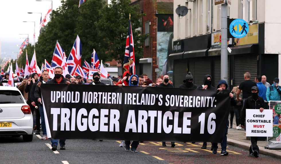 Loyalists during a rally against the Northern Ireland Protocol in Newtownards Road, Belfast.