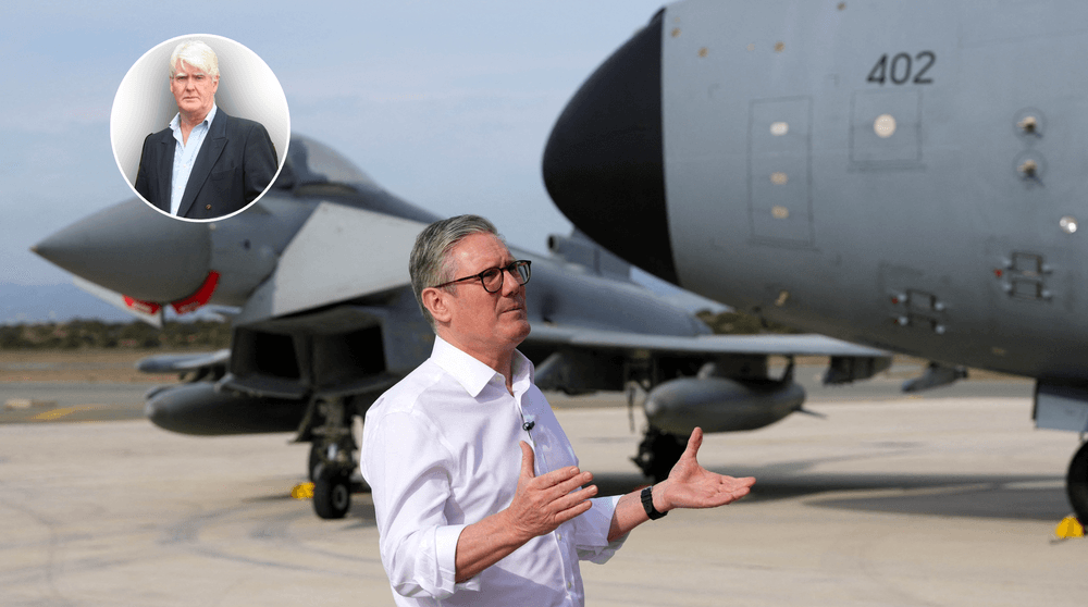 Lt Col Stuart Crawford (left), Keir Starmer at RAF base (right)