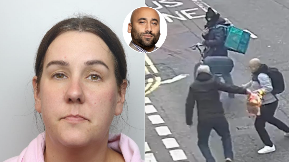 Lucy Connolly (left), CCTV captured Moussa Kadri (second left), attacking a man burning a copy of the Koran outside the Turkish consulate (right)