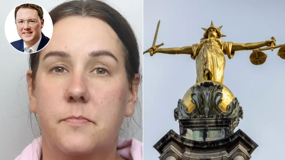 Lucy Connolly (left), UK legal system statue (right)