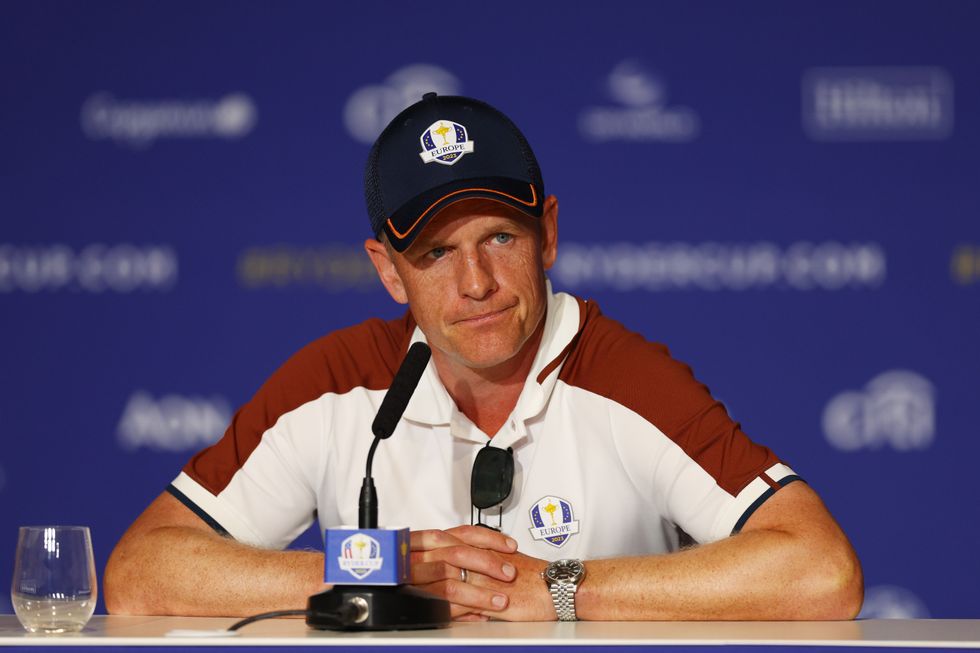Luke Donald, Captain of Team Europe speaks during a press conference