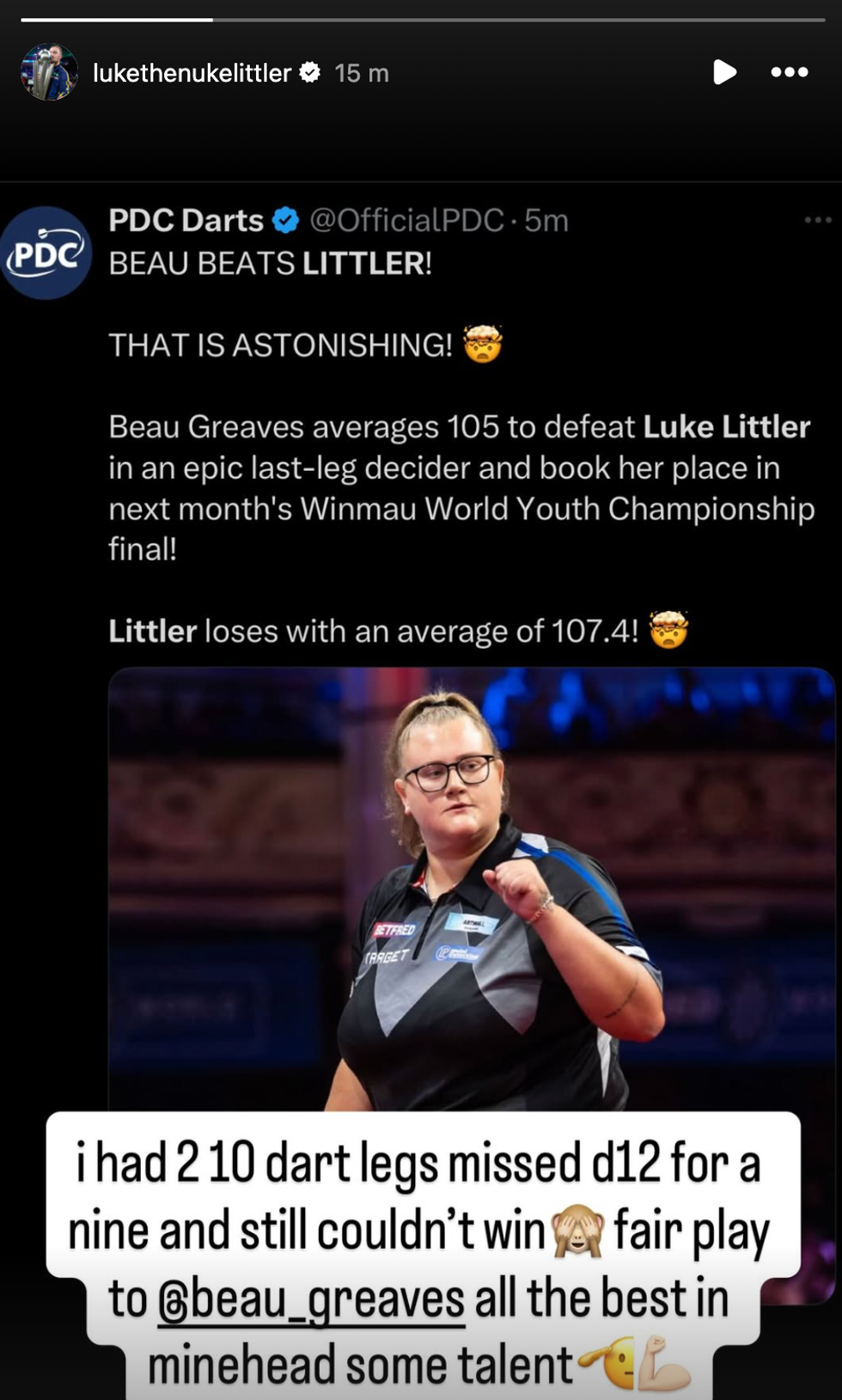 Luke Littler Instagram story