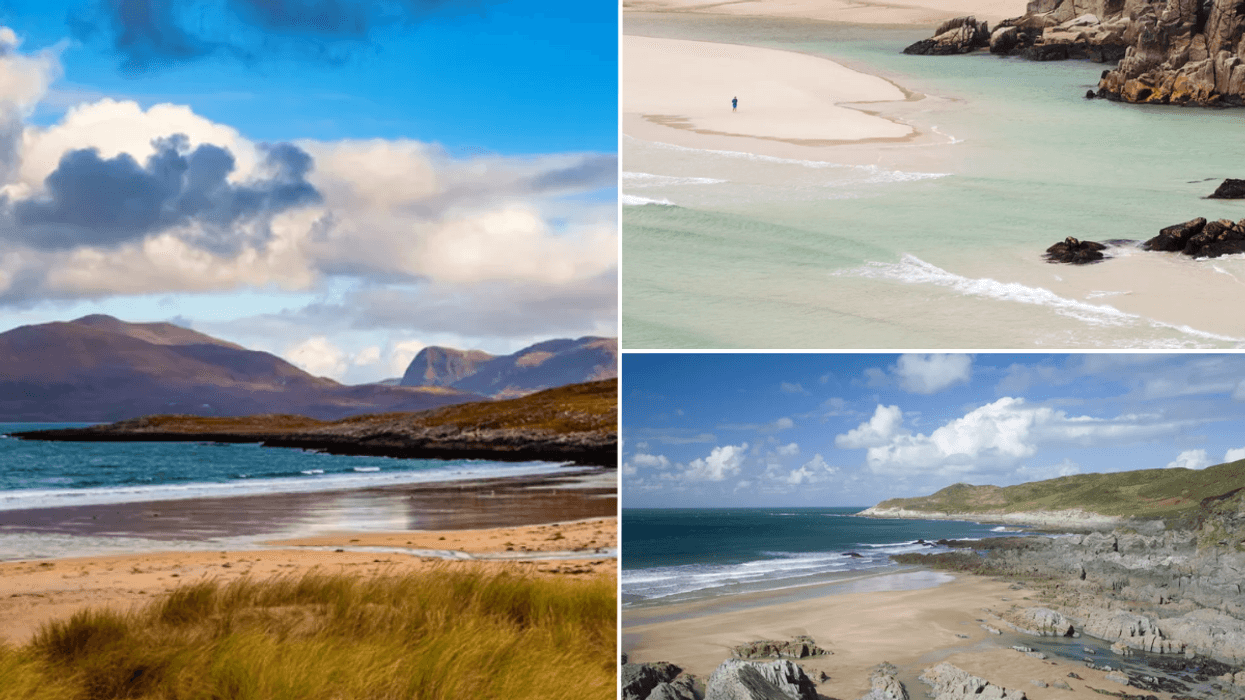 Luskentyre in the Outer Hebrides Harris beach / Barricane Beach Devon / Porthcurno beach in Cornwall