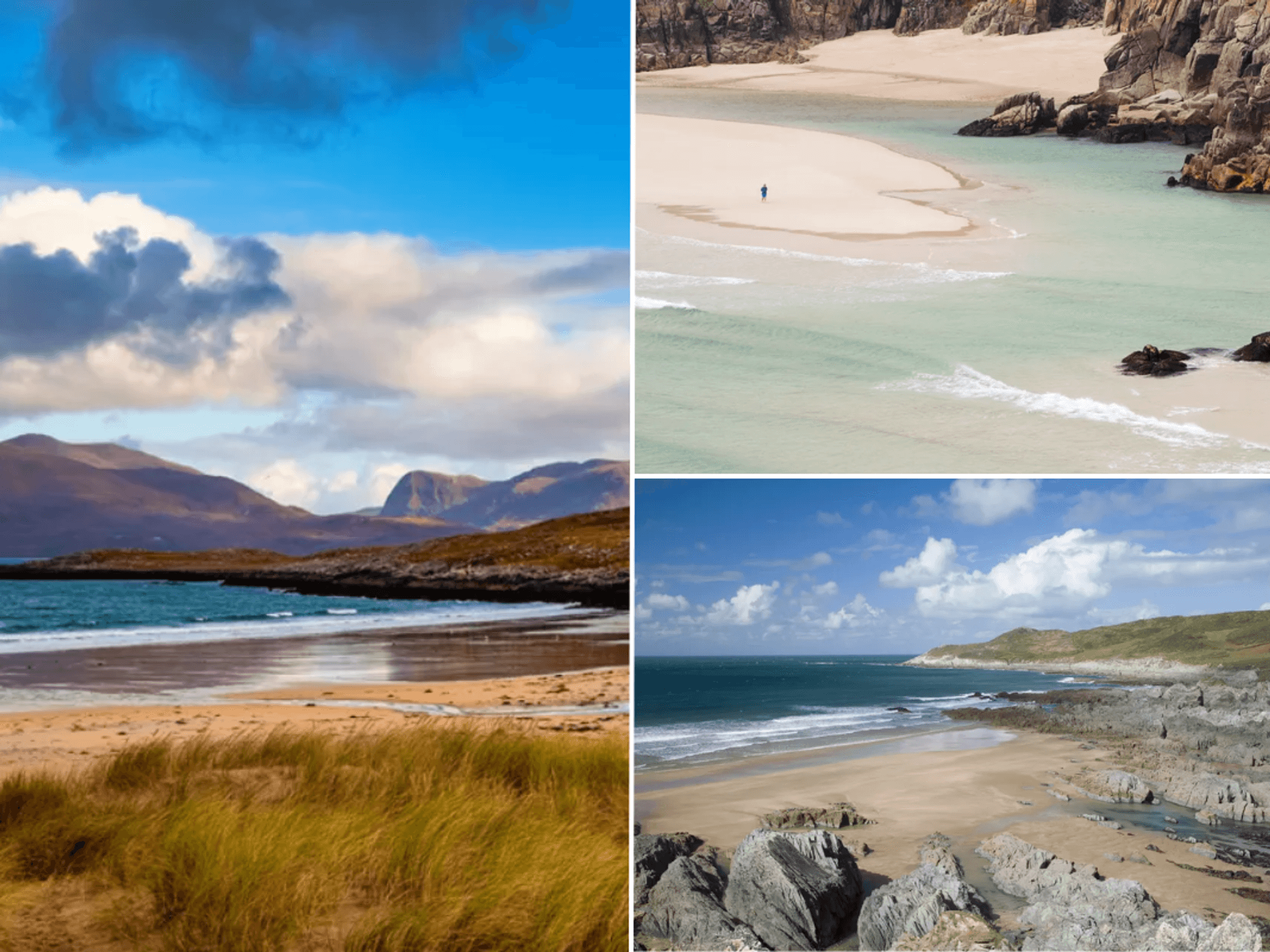 Luskentyre in the Outer Hebrides Harris beach / Barricane Beach Devon / Porthcurno beach in Cornwall