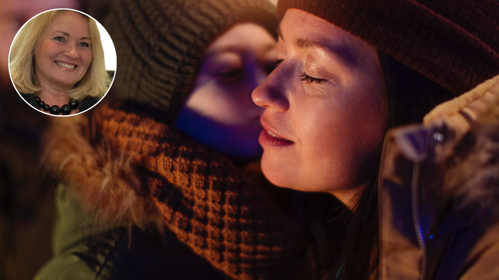 Lynn Crilly (left), partygoers outside (right)