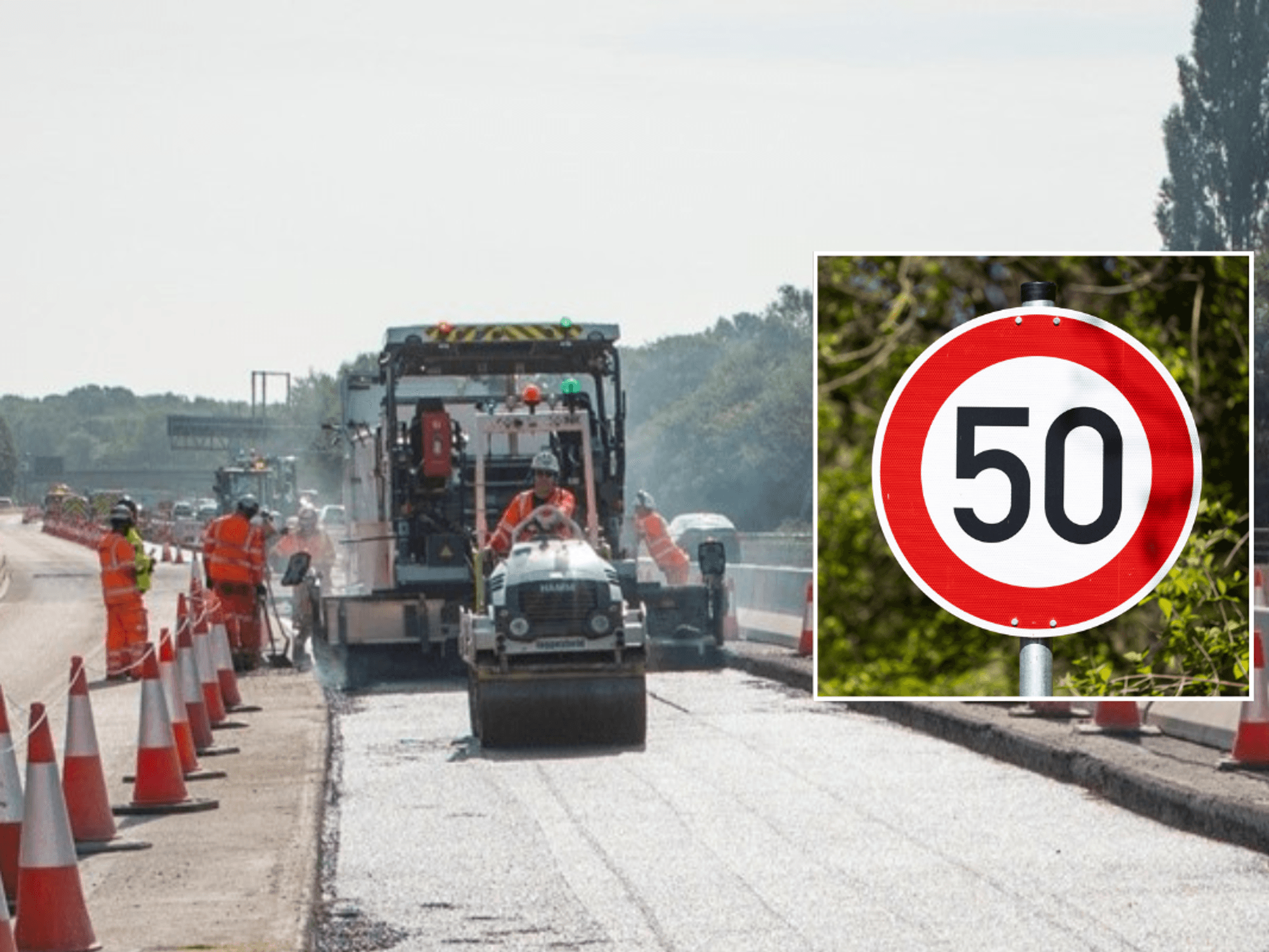 M27 road repairs and 50mph sign