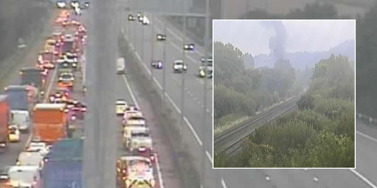 NextImg:M5 chaos: Drivers warned of severe delays as HGV carrying electric cars bursts into flames near UK airport