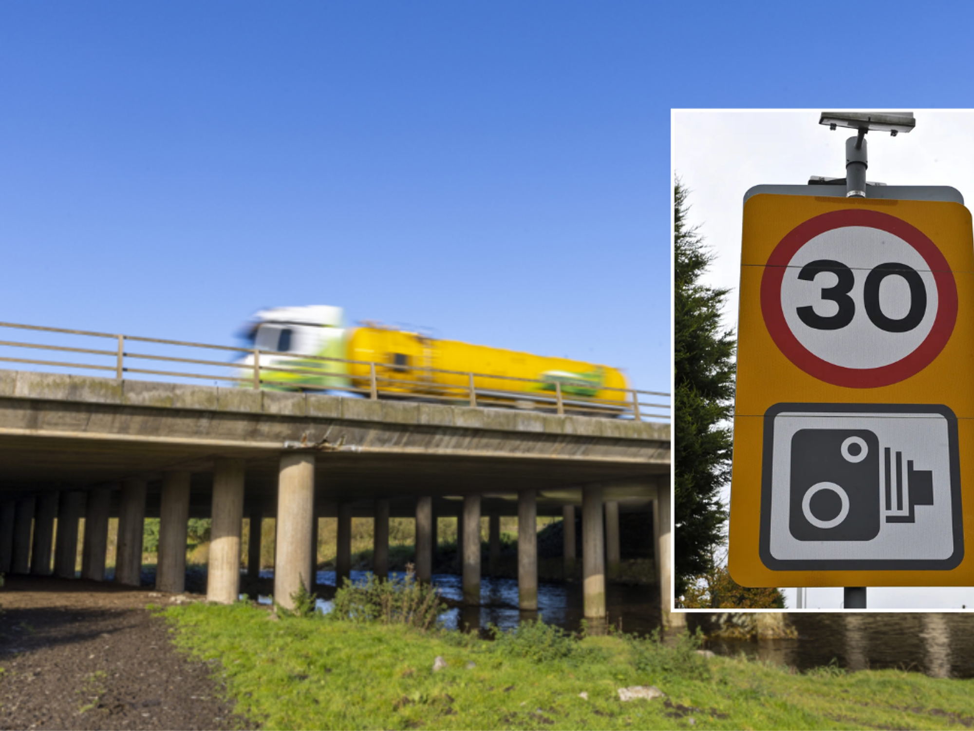 M6 bridge in Cumbria and 30mph sign