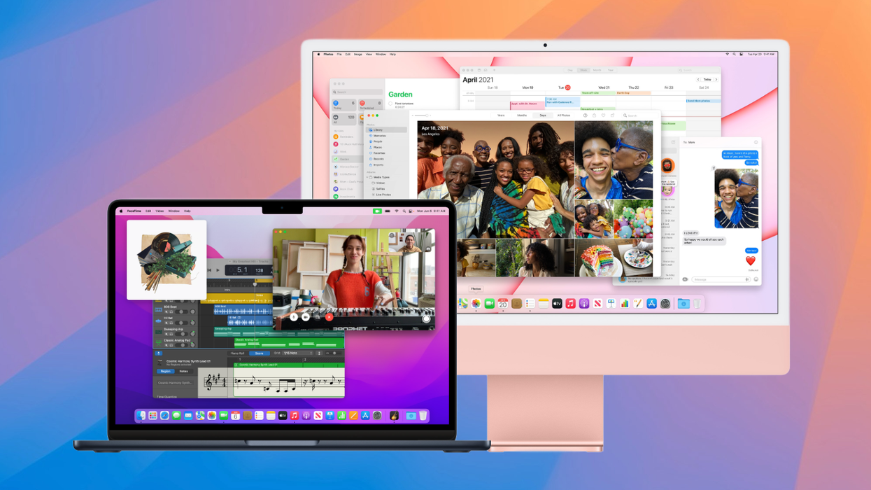 macboo air m2 pictured alongside an imac m1 with the new wallpaper from macOS Sequoia in the background