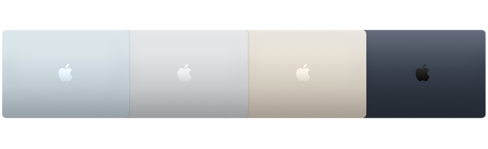 macbook air lineup with new colours, including Sky Blue, Silver, Starlight, and Midnight