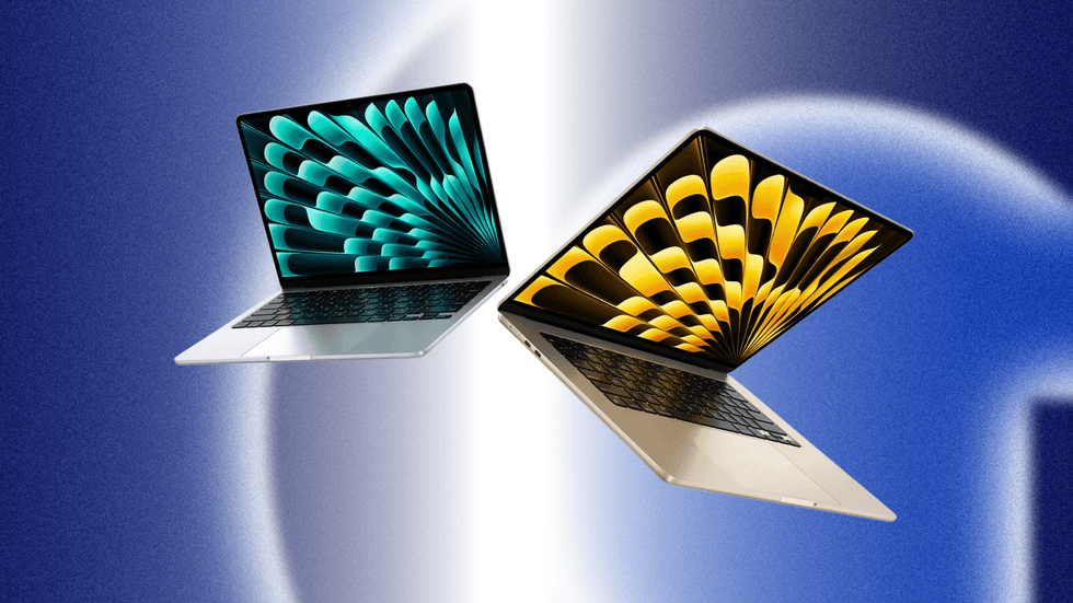 macbook air pictured in silver and starlight colours with a colourful background