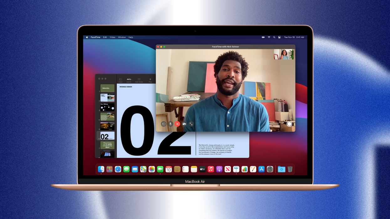 macbook air pictured in silver and starlight colours with a colourful background