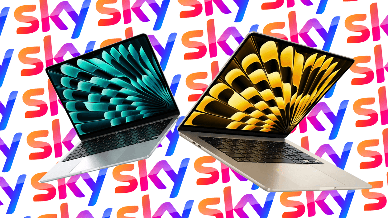 macbook air pictured in silver and starlight colours with the sky tv logo in the background