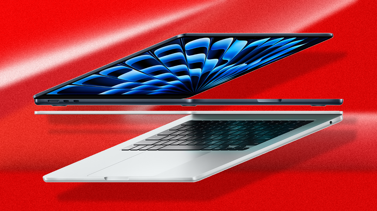 macbook air pictured side by side with a bright red background