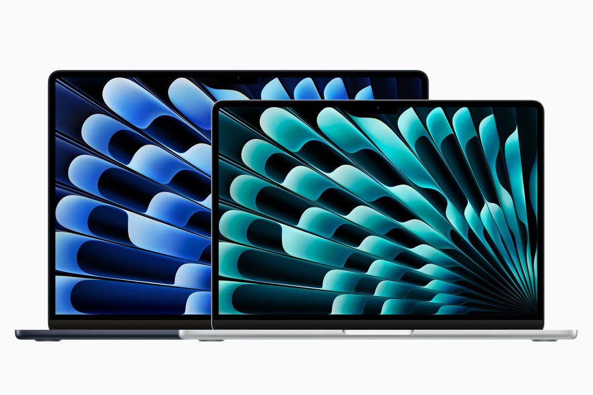 macbook air with 13 and 15 inch screens pictured side by side in a promotional image from apple for the release of its m3 models in the uk 