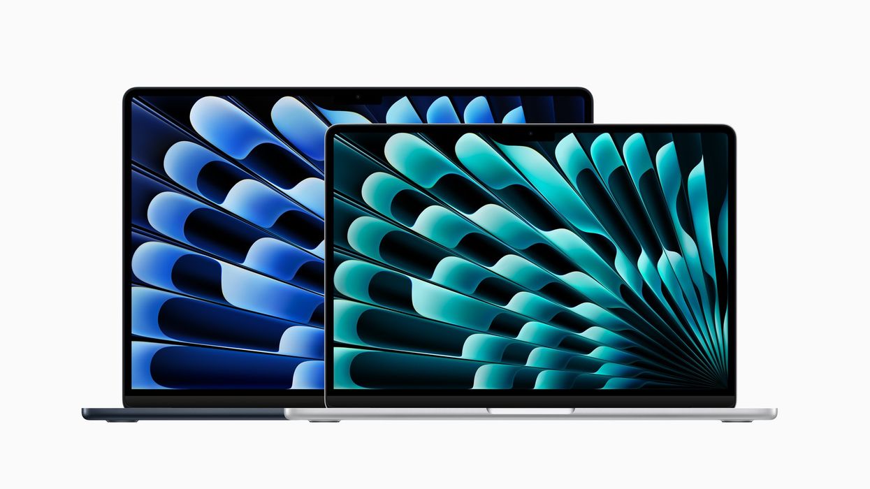 macbook air with 13 and 15 inch screens pictured side by side in a promotional image from apple for the release of its m3 models in the uk