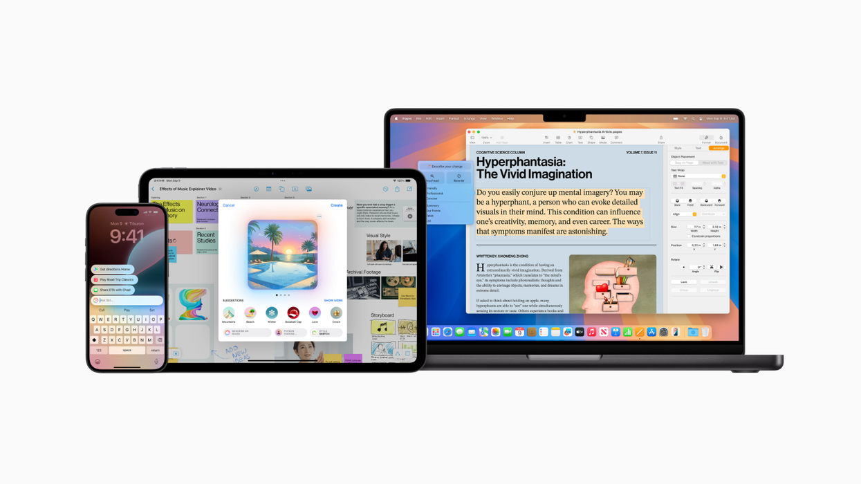 macbook ipad and iphone pictured running apple intelligence tasks