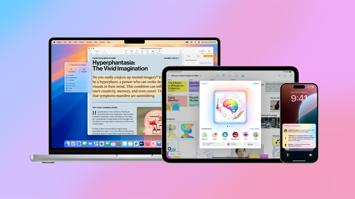 macbook ipad and iphone pictured running the latest software with various apple intelligence tricks on-screen