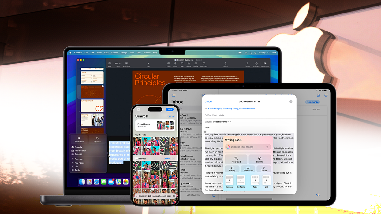 macbook pro iphone and ipad pictured running different aspects of apple intelligence with an apple store and its logo pictured in the background