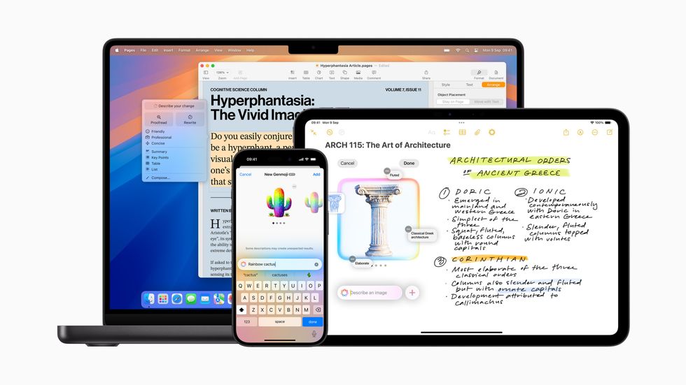 macbook pro iphone and ipad pictured using apple intelligence features including the genmoji and image wand
