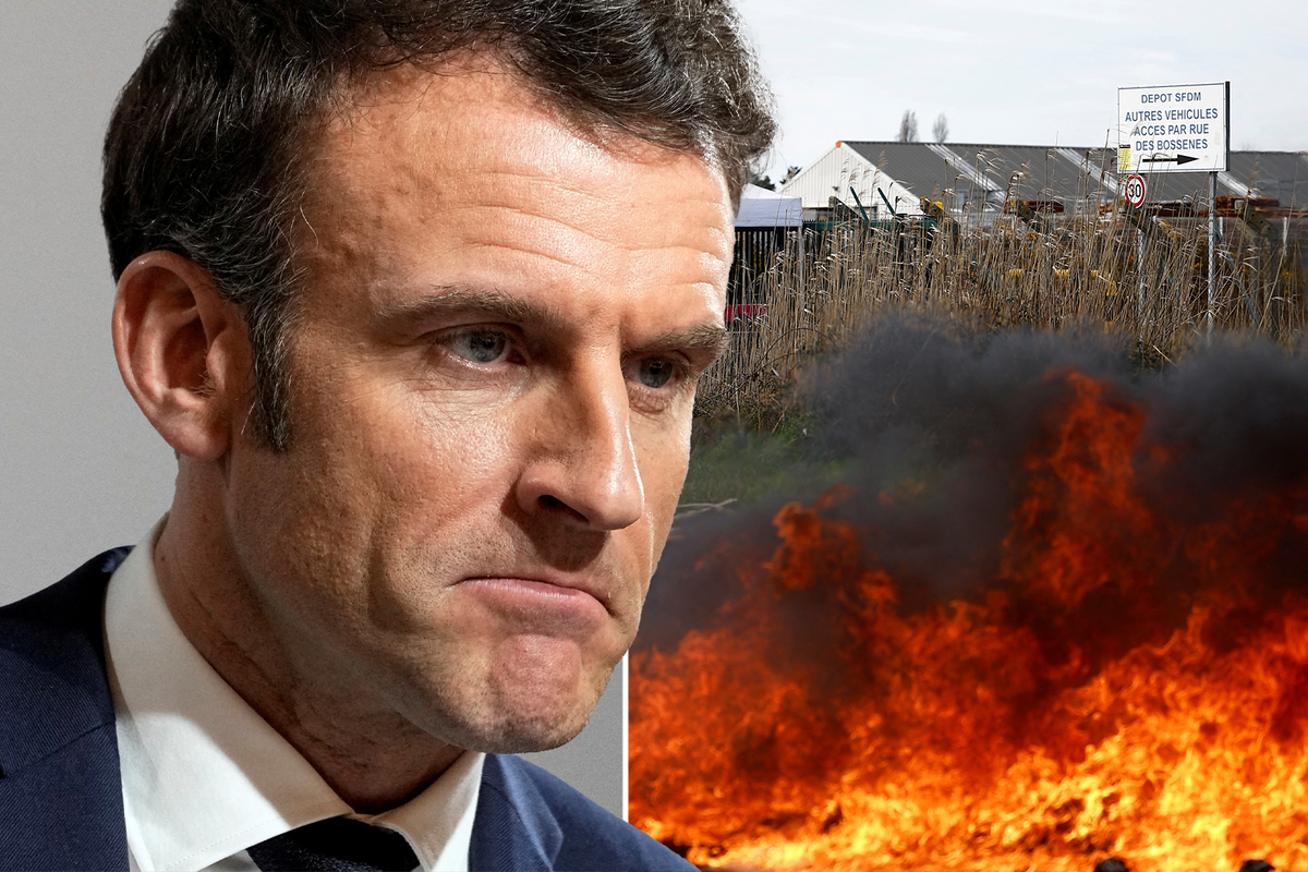 Macron and an image of a fire set off during protests against him pension plan.