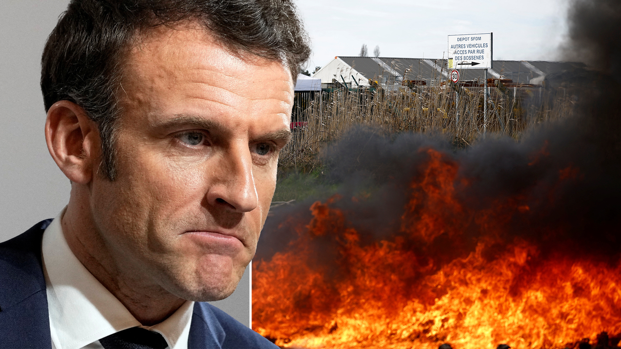 Macron and an image of a fire set off during protests against him pension plan.