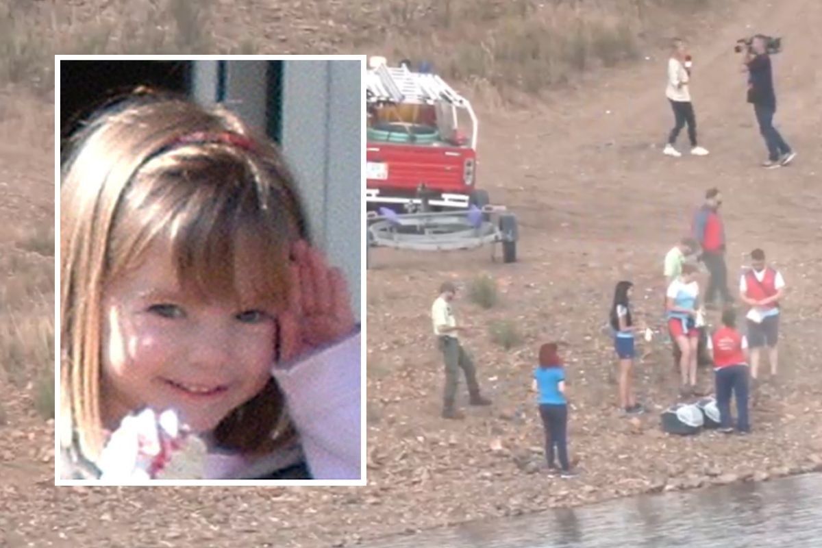 Madeleine McCann inset, with searchers by a reservoir on the Algarve
