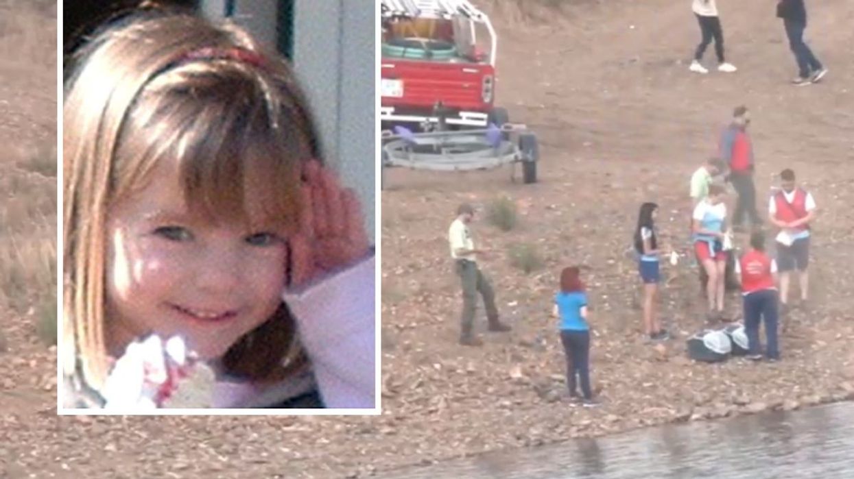 Madeleine McCann inset, with searchers by a reservoir on the Algarve