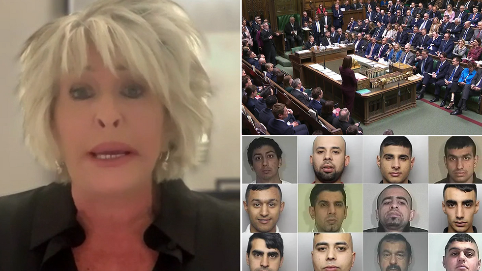 Maggie Oliver with an inset of politicians and grooming gang members