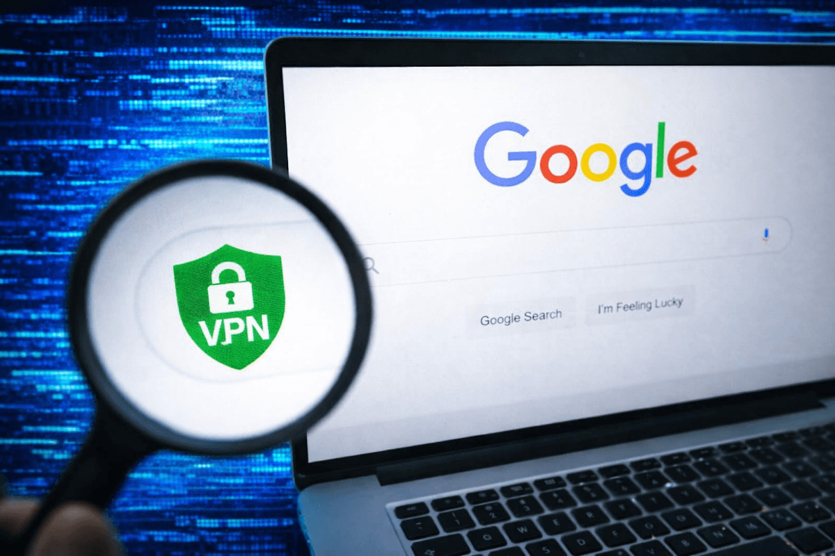 Magnifying glass over VPN symbol displayed on Google Search page