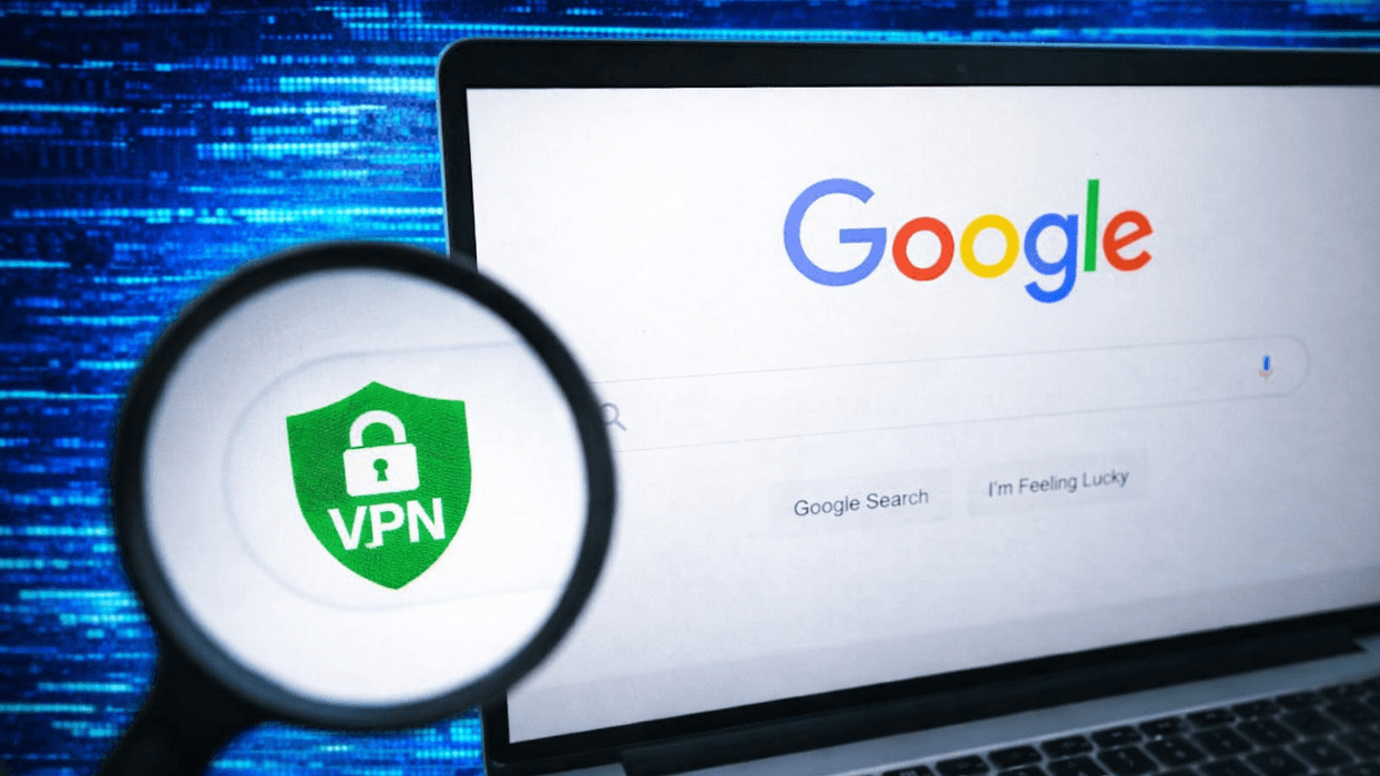 Magnifying glass over VPN symbol displayed on Google Search page