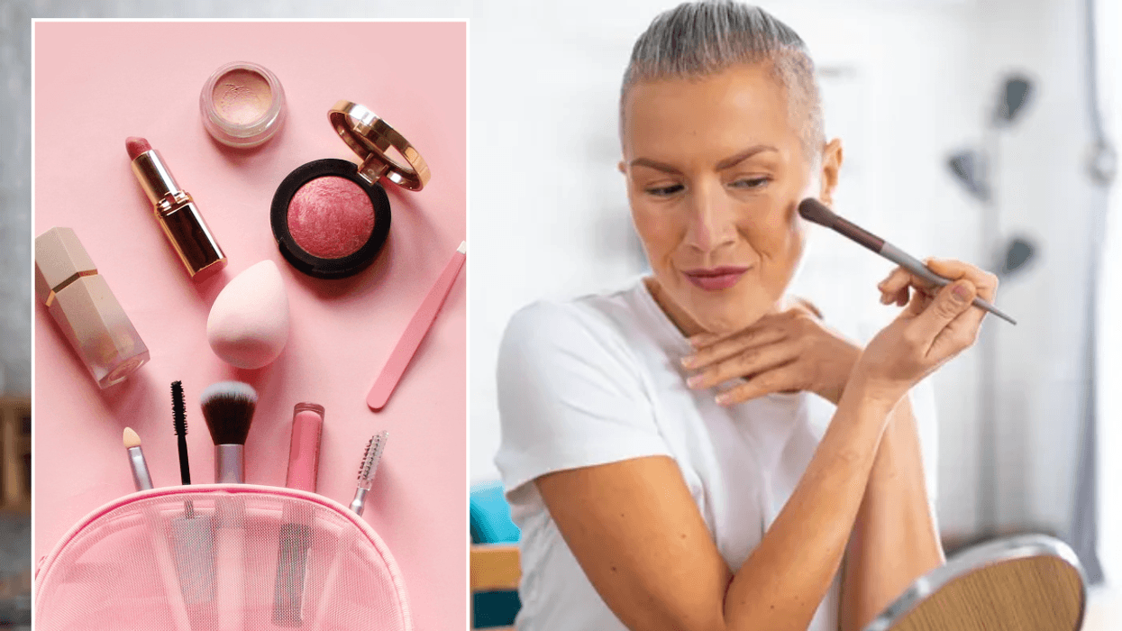 Make-up in makeup bag / Middle-aged woman applying make-up